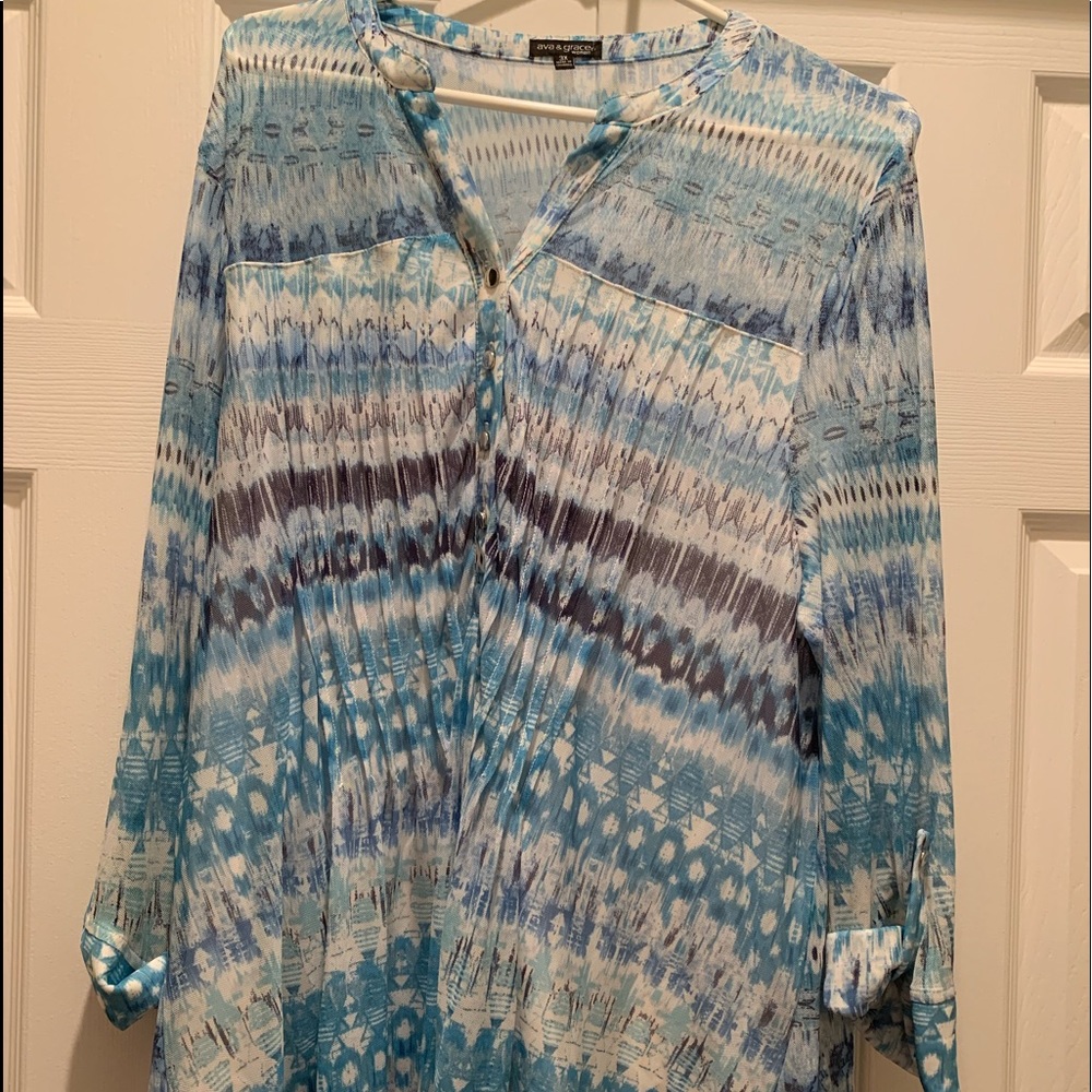 Ava & Grace Aqua Blue Mesh 3/4 Sleeve Top - PLUS SIZE